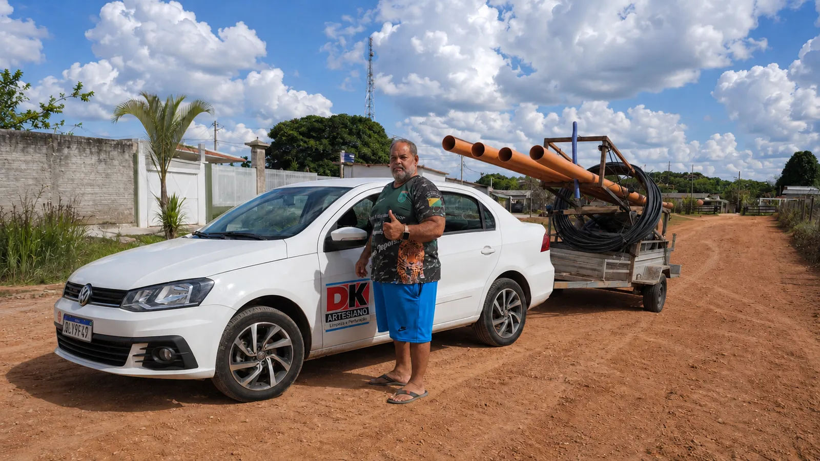 Dênio, da DK Artesiano, ao lado do carro da empresa carregado com tubos e equipamento de perfuração